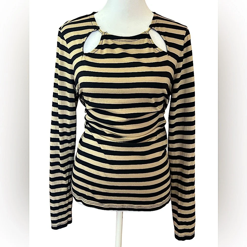 Michael Kors Black & Cream Striped Long-Sleeve Top with Neck Cutouts